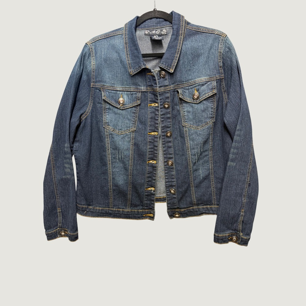 AQ Denim Trucker Jacket Juniors 2X Blue Excellent Stretch Dark Wash Button Up